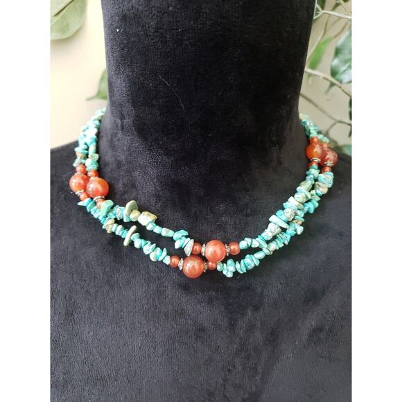 Womens Fashion 2 Strand Blue Magnesite Turquoise Coral Beads Necklace w/ Lobster - Picture 2 of 6